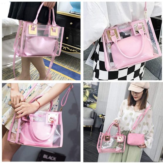 Women Fashion Transparent Bag 2 in 1 Handbag Top Handle Tote Shoulder Crossbody Bag - Image 3