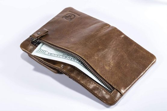 Genuine Leather Men Wallet, RFID Blocking Antimagnetic Credit Card Holder, Zipper Coin Purse Brown - Image 4