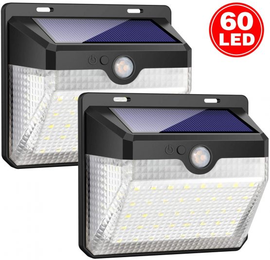 iPosible Solar Lights Outdoor, Upgraded [ 2 Pack ] 60 LED Solar Powered Lights 270º Wide Angle Lighting 180° Sensor LED Wireless Waterproof Solar Security Lights Solar Wall Lights 3 Modes for Garden