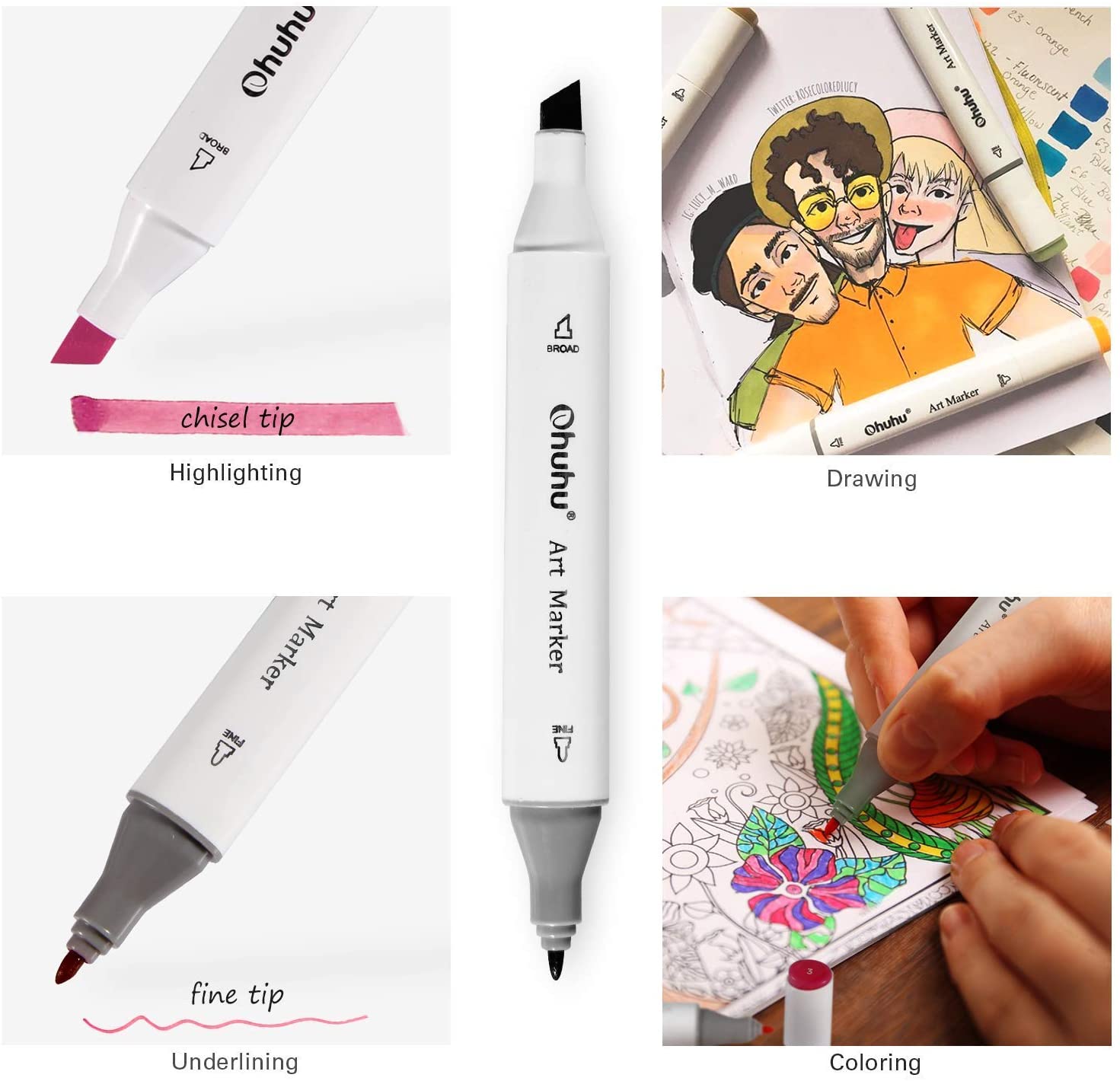 Ohuhu Alcohol Markers, AP Certificated 60-color Double Tipped Art Marker Set for Artist Adults Coloring Illustration - Image 4