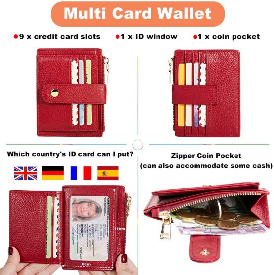 BTNEEU Men Women Leather Credit Card Holder RFID Blocking Slim Leather Wallet, Minimalist Card Holder Small Wallet with Coin Pocket, Thin Front Pocket Wallets with 9 Card Slots (red) - Image 4