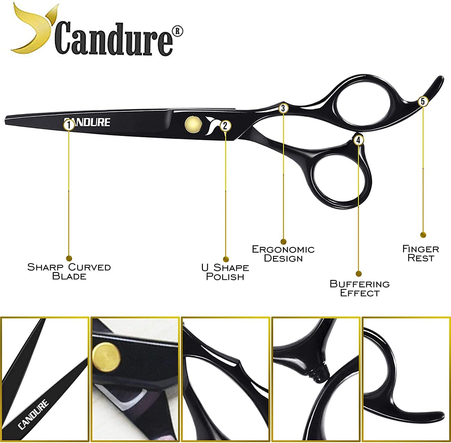 Candure Hairdressing Cutting Scissors Barber and Thinning Salon Shears Set 5.5 inch, Deep Black, 5.5" - Image 3