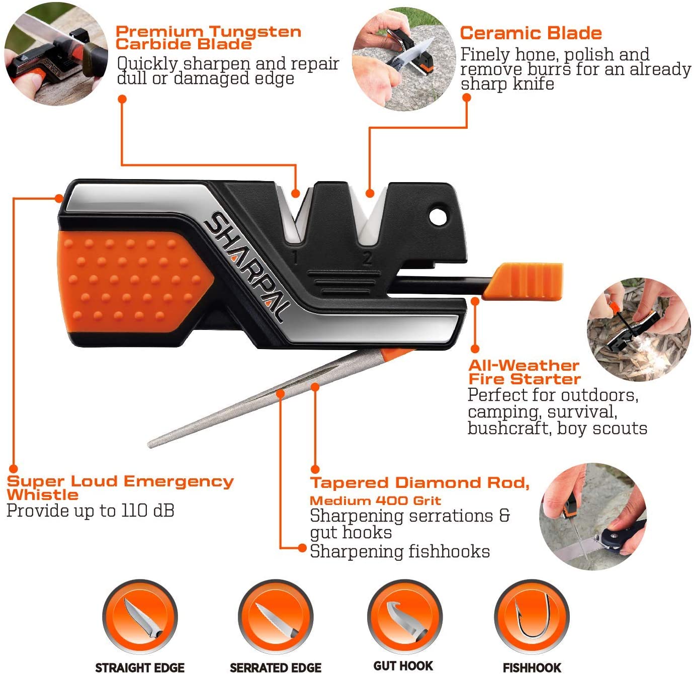 SHARPAL 101N 6-In-1 Pocket Knife Sharpener and Survival Tool, with Fire Starter, Whistle and Diamond Sharpening Rod - Image 3