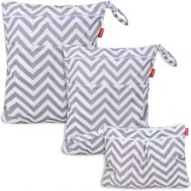 Damero 3pcs Pack Wet Dry Bag for Cloth Diapers Nappy Bag Daycare Organiser Bag, Grey Chevron