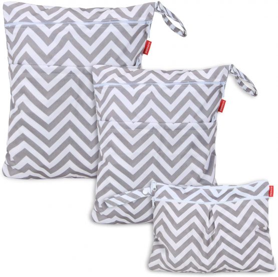 Damero 3pcs Pack Wet Dry Bag for Cloth Diapers Nappy Bag Daycare Organiser Bag, Grey Chevron
