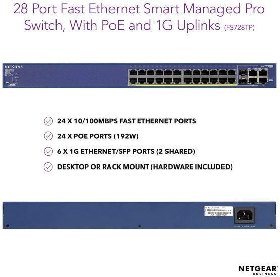 NETGEAR 28-Port Fast Ethernet 10/100 Smart Managed Pro PoE Switch (FS728TP) - with 12 x PoE @ 100W, 6 x 1G Gigabit Copper/SFP, Rackmount, and ProSAFE Lifetime Protection, Blue - Image 2