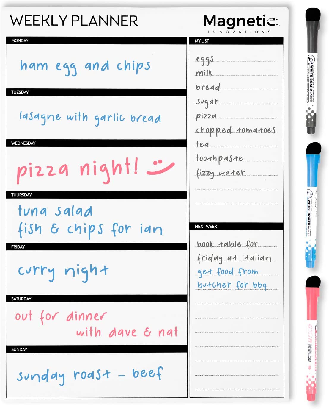 Magnetic Innovations A3 Magnetic Weekly Planner Fridge Whiteboard, Family Meal Planner and Shopping List