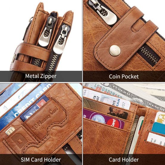 HALOViE Mens Wallet RFID Blocking Leather Wallets with Zip Coin Pocket Credit Card Holder Anti-Theft Purse(Khaki) - Image 3