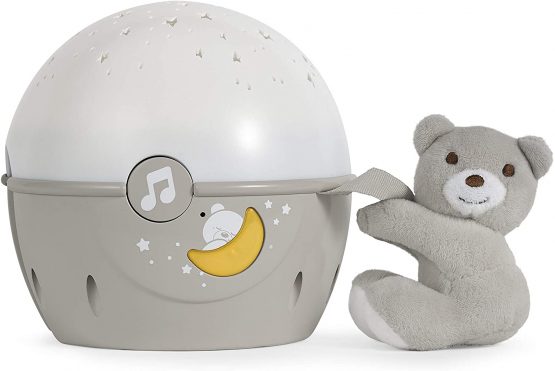 Chicco Next2Stars Baby Night Light with Plush Toy - Star Light Projector for Cots and Cribs, with Sound Sensor, 3 Light Effects and Music - 0+ Months, Beige