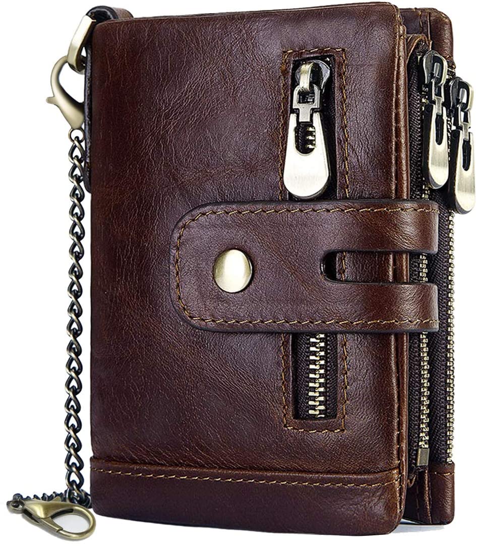 REETEE Mens Wallet RFID Blocking Men's Genuine Leather Wallet and Zipper Coin Pocket Bifold Purse with Chain 16 Credit Card Holder Genuine Leather Gents Wallets Slim Purse (Coffee)