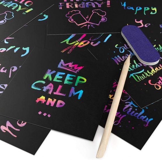 Arteza Scratch Paper Notes, Set of 202 Sheets, 3.5"x3.5" inches 200 Rainbow Notes & 2 Space Patterned Notes, Include 2 Scratchers, 2 Sharpeners, Art & Craft Classrooms and DIY Projects - Image 4