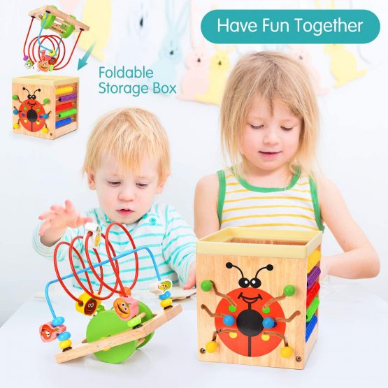 Wesimplelife Wooden Activity Cube 6 in 1 Activity Center Multifunction Bead Maze Toy Roller Coaster Preschool Early Educational Toys Gift for Child Kids Boys Girls - Image 3