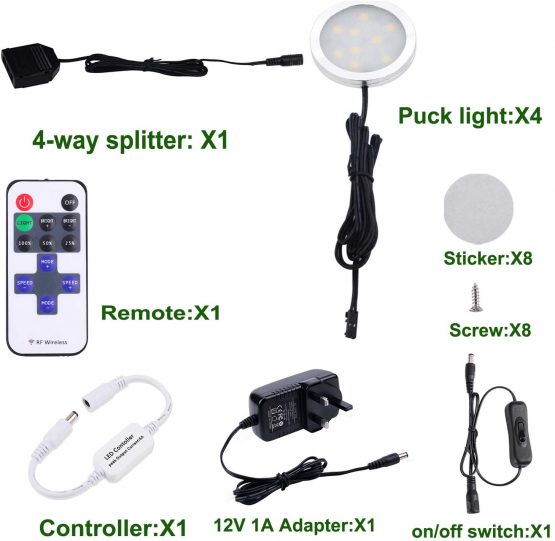 AIBOO LED Kitchen Under Cabinet Lighting Kit Dimmable with Wireless RF Remote,UK Plug,4 Pack Round Display 240V LED Puck Lights,8W Under Cupboard Counter Shelf Lights(Warm White 2700K) - Image 2