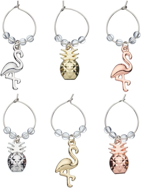 BarCraft BCWCPAPPLE Novelty Wine Glass Charms, Pineapple and Flamingo Design, In Gift Box, Zinc, Set of 6