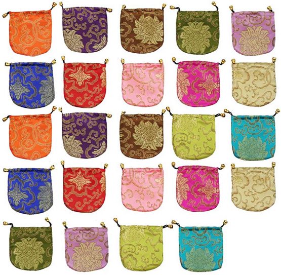 kilofly Chinese Silk Brocade Drawstring Jewelry Pouch Bag Value Set