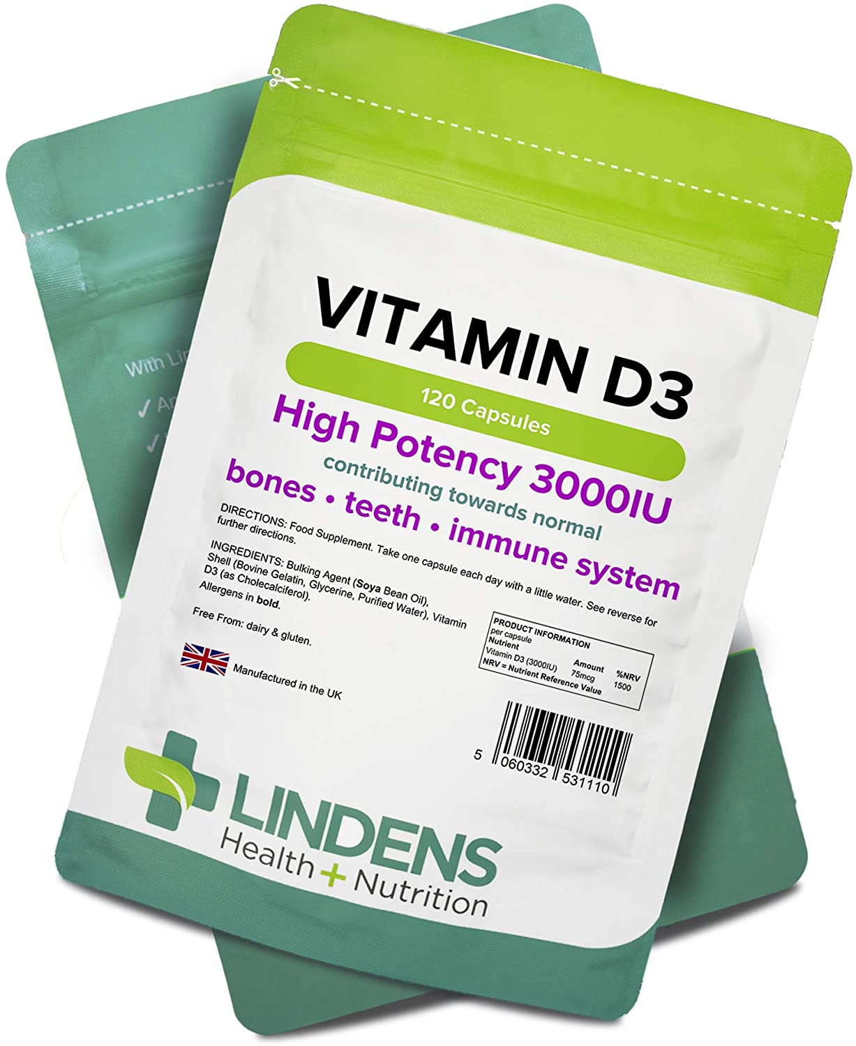 Lindens Vitamin D3 3000IU, 120 Capsules, High-Potency, 1500% NRV, Contributes to Normal Bones, Teeth & Immune System - Image 4