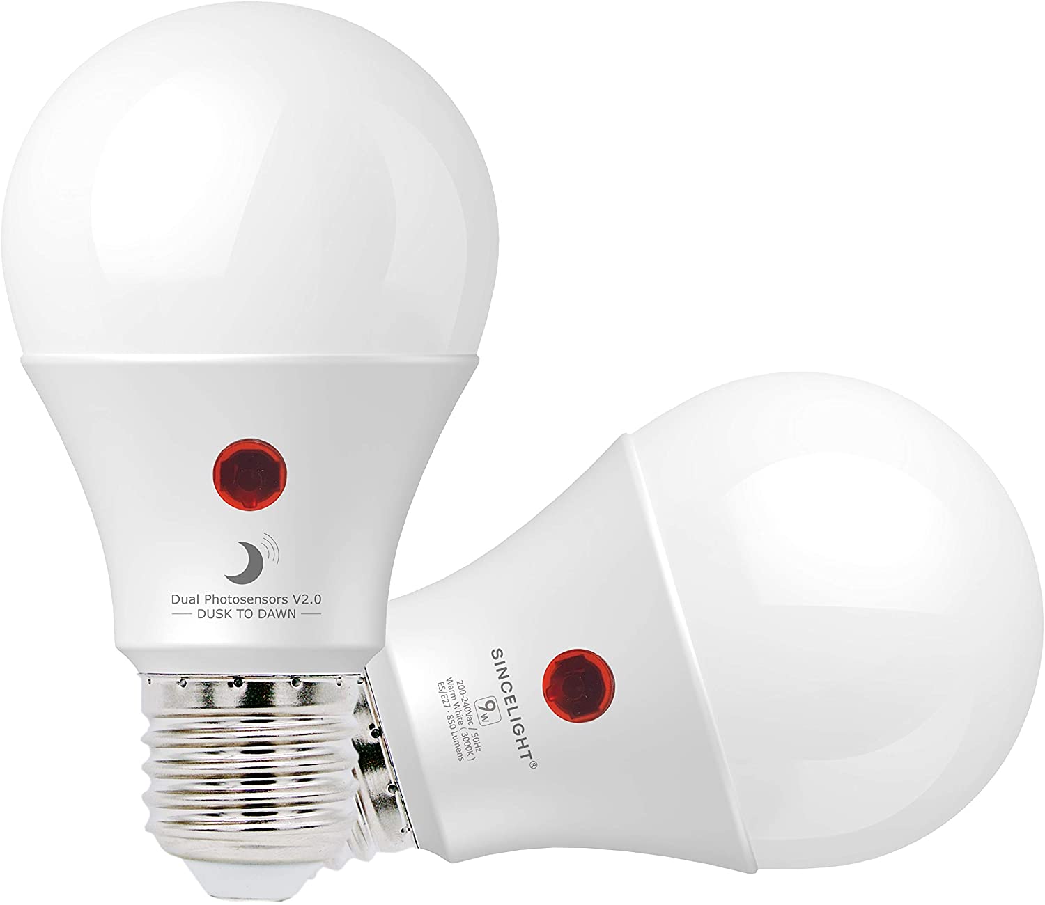 SINCELIGHT Dusk to Dawn LED Light Bulb 9W with Dual Photocell Sensors, ON/Off Automatic Depends on the Daylight Level
