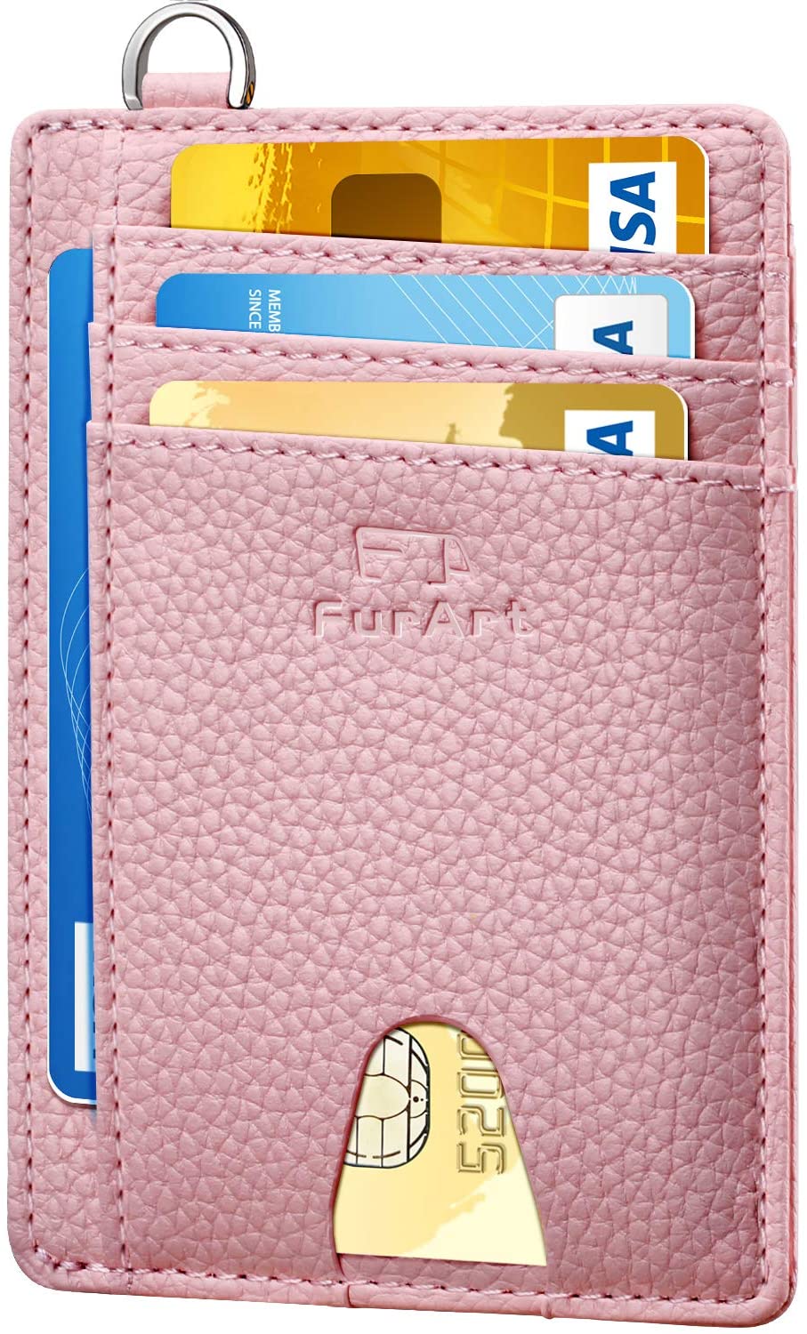 FurArt Credit Card Holder Wallet, Slim RFID Blocking Minimalist Women's Card Wallet, Litchi Pink