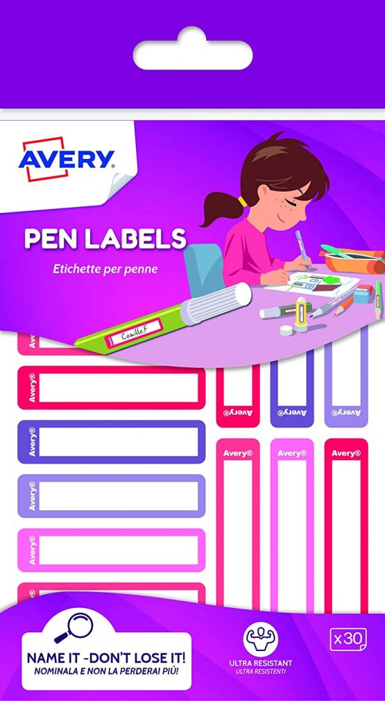 Avery Stationery Labels, pen labels, name labels, stick on school labels 50 x 10 mm, 30 Labels Per Pack, Pink/Purple