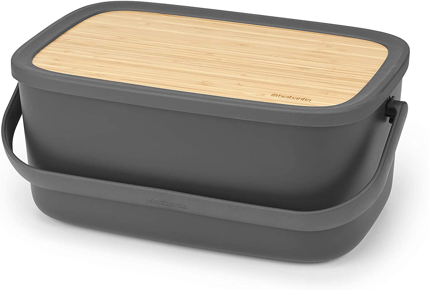 Brabantia Large Bread Bin with Wooden Serving Board and Handle - Dark Grey
