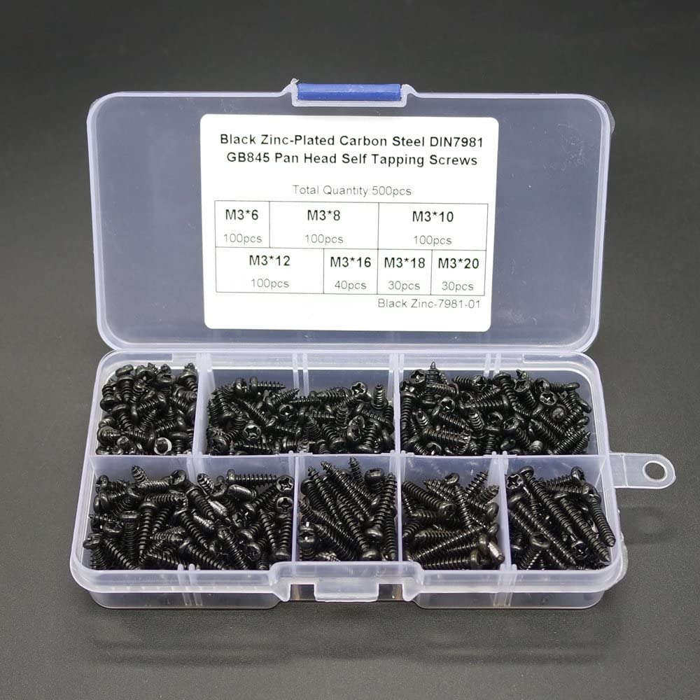 500pcs/Set M3 Black Zinc-Plated Carbon Steel Pan Head Self Tapping Screws, Assortment Drilling Screws with Storage Case - Image 4