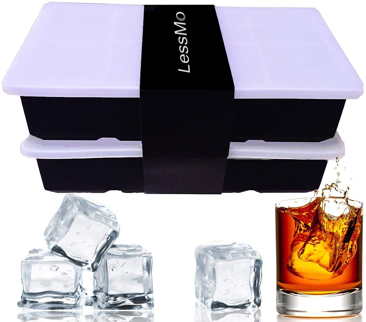 LessMo Ice Cube Tray, 2 Pack XXL Silicone Large 2 Inch Ice Cube Molds with Lids, for Whiskey Cocktails & Wine (Black)