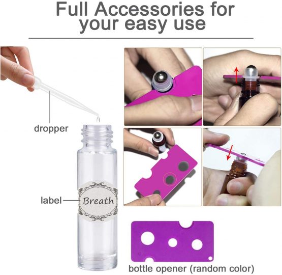 Essential Oil Roller Bottles - 10Pcs, 10ml Refillable Transparent Glass Roll on Bottles with Black Lids by Yalbdopo, 12 Pcs Labels, Dropper & Opener Included - Perfect for Fragrance, Aromatherapy - Image 4