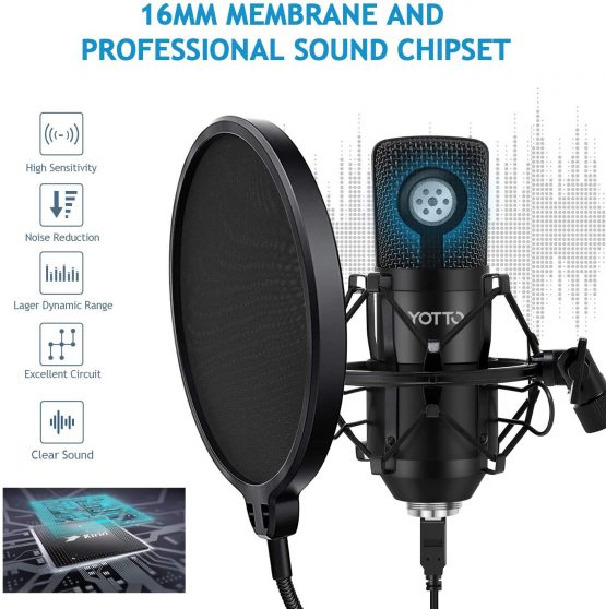 YOTTO USB Microphone Cardioid Condenser Mic 192KHz/24bit Plug and Play Professional Studio Podcast Microphone with Adjustable Microphone Stand Suspension Scissor Boom Arm, Pop Filter, Shock Mount - Image 4