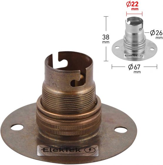 ElekTek Lamp Holder Fixed Batten BC B22 with Shade Ring - Antique Brass