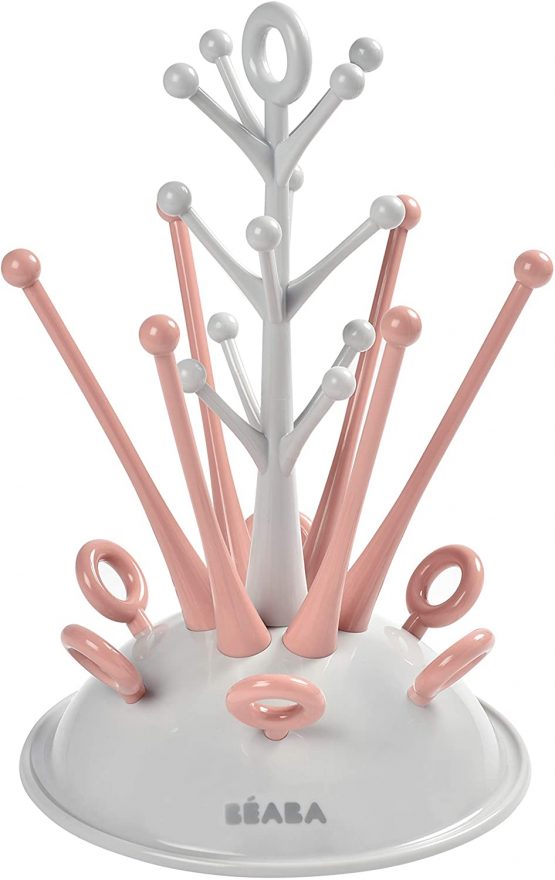 BÉABA - Baby Bottle rack - For drying 6 bottles and accessories - Removable water collection tray - Practical and clever - Pink