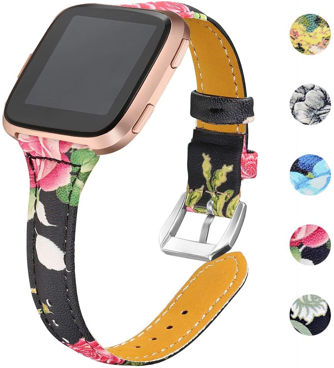 Chofit Bands Compatible with Fitbit Versa/Versa 2/Versa Lite Strap Band Slim Leather Flower Printing Wristband Bracelet Accessory