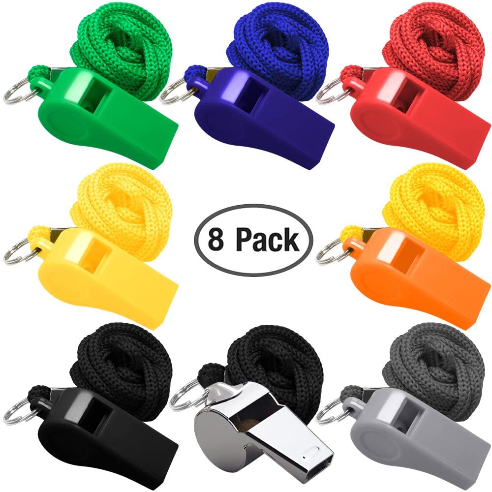 FineGood 8 Packs Coaches Referee Whistles with Lanyards, Colorful
