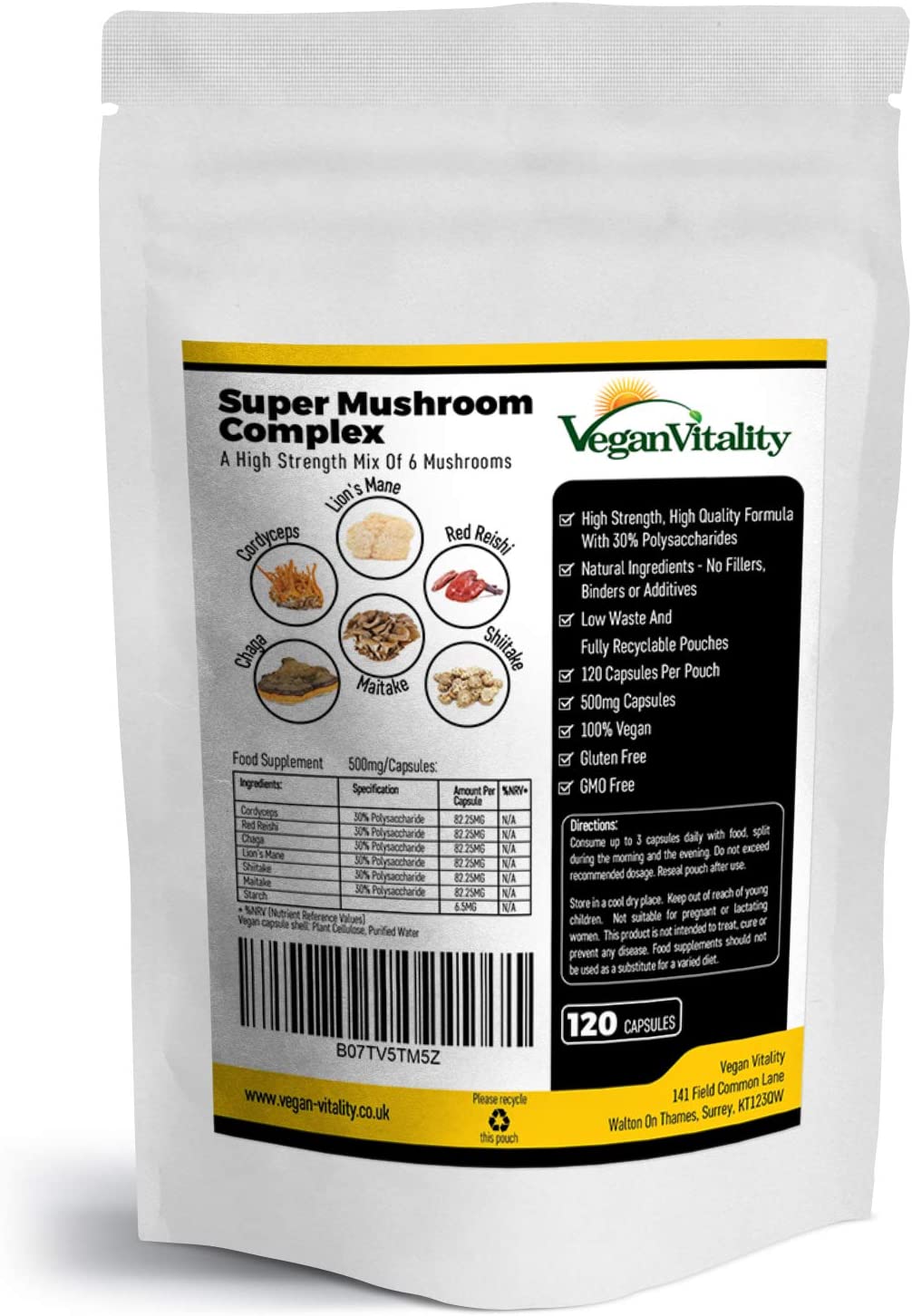 6 Mushroom Supplement Including Lions Mane Supplement High Strength Capsules. Mushroom Complex with Lion's Mane, Reishi