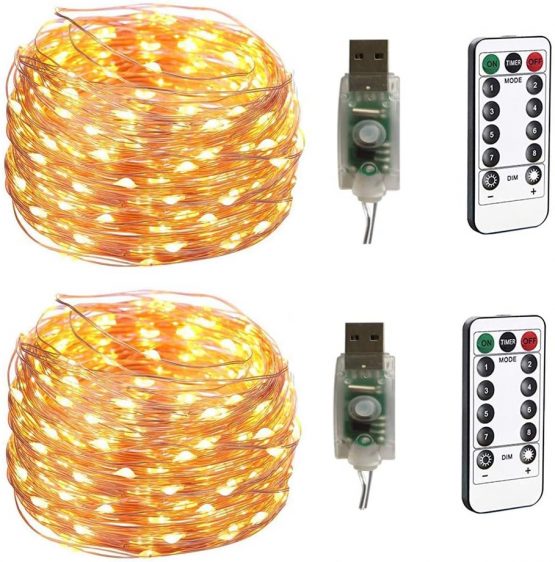 BXROIU 100LEDs Micro Fairy Lights 10 Meter Silver Wire with USB Remote Control 8 Program and Timing Dimming LED Lights for Party, Christmas, Wedding, Lighting Decoration Pack of 2 (Warm White)
