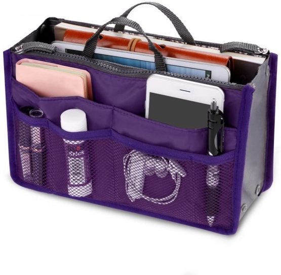 Handbag Organiser Insert Expandable Liner Bag Pouch Zipper Closure Tote Organiser Diaper Bag Cosmetic Travel Bag Liner Pouch with Handle (Black) (Purple) - Image 2