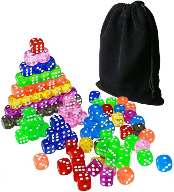 YOUSHARES 100Pcs Dice Set of 10 Transparent Colors for Dice Games – 16mm 6 Sided Standard Dice with A Velvet Dice Carrying Bag, Board & Tenzi Dice Games and Other Casino Games - Image 3