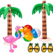 Whaline Set of 9 Inflatable Palm Trees Flamingos Toys, Inflatable Beach Balls Pineapple Sunglasses for Hawaii Summer Party Luau Party Decor Beach Backdrop