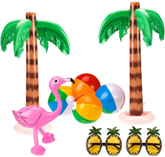Whaline Set of 9 Inflatable Palm Trees Flamingos Toys, Inflatable Beach Balls Pineapple Sunglasses for Hawaii Summer Party Luau Party Decor Beach Backdrop
