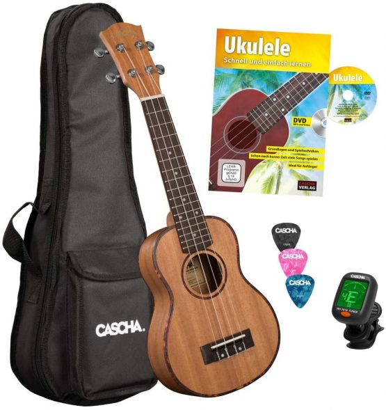 CASCHA HH 2027 DE Premium Mahogany Soprano Ukulele Bundle with AQUILA strings, German ukulele method with DVD, padded bag and 3 picks