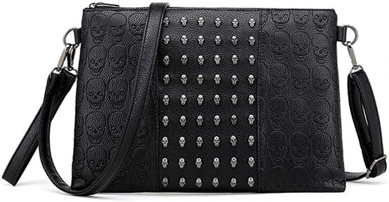 FiveloveTwo Women Punk Skull Print Clutch PU Leather Satchel Shoulder Tote Top-handle Purse Handbag Black
