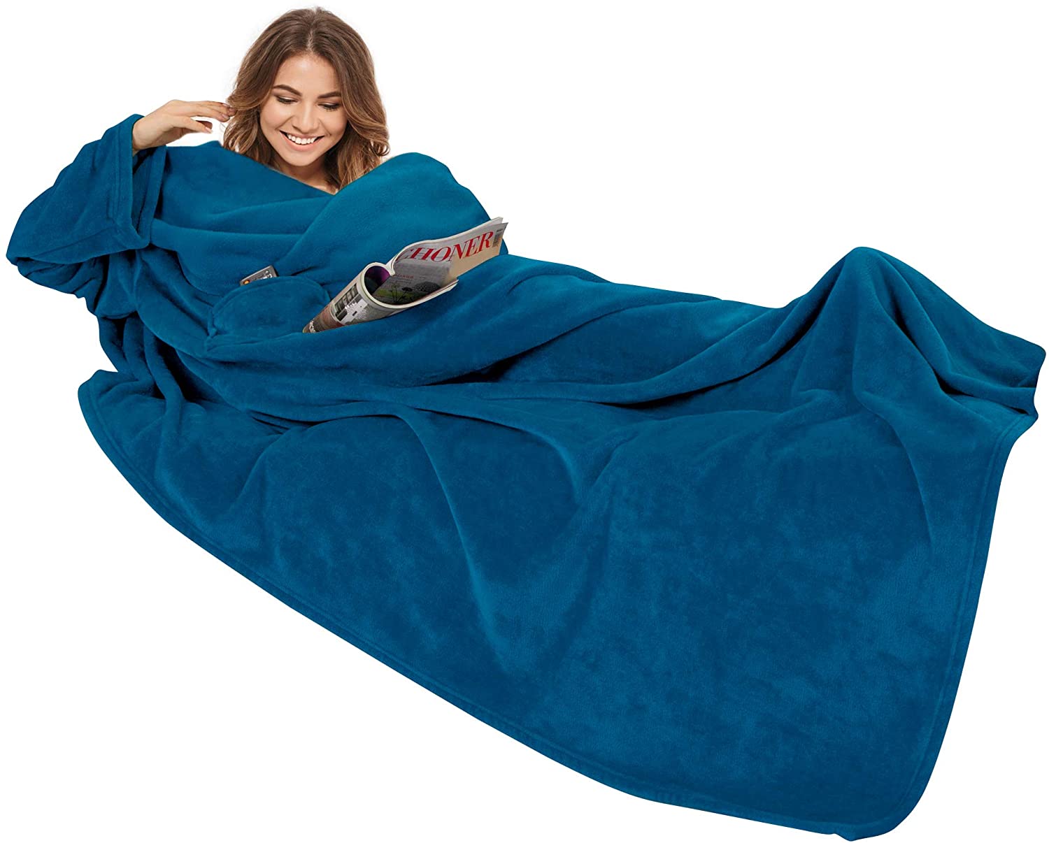 Gözze - Premium Wearable Snuggle Blanket with Sleeves and Breast Pocket, 150 x 240 cm - Navy Blue