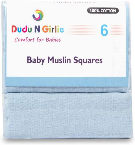 Dudu N Girlie 6 Pack 100% Pure Cotton Baby Muslin Squares 70x70cms, Blue