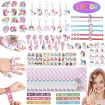 Anpro 90pcs Unicorn Party Bags Filler,Unicorn Pinatas Filler,Contains 9 Different Unicorn Goods(Hairpin，Slap Bracelets，Keychain，Temporary Tattoos Sticker and so on),Suitable for 3+ Girls