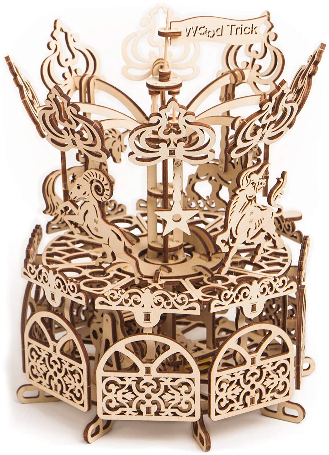 Wood Trick Wooden Carousel Horse Toy, Merry-Go-Round Toy Rotating Mechanical Model, 3D Wooden Puzzle, Assembly Toys - Image 3