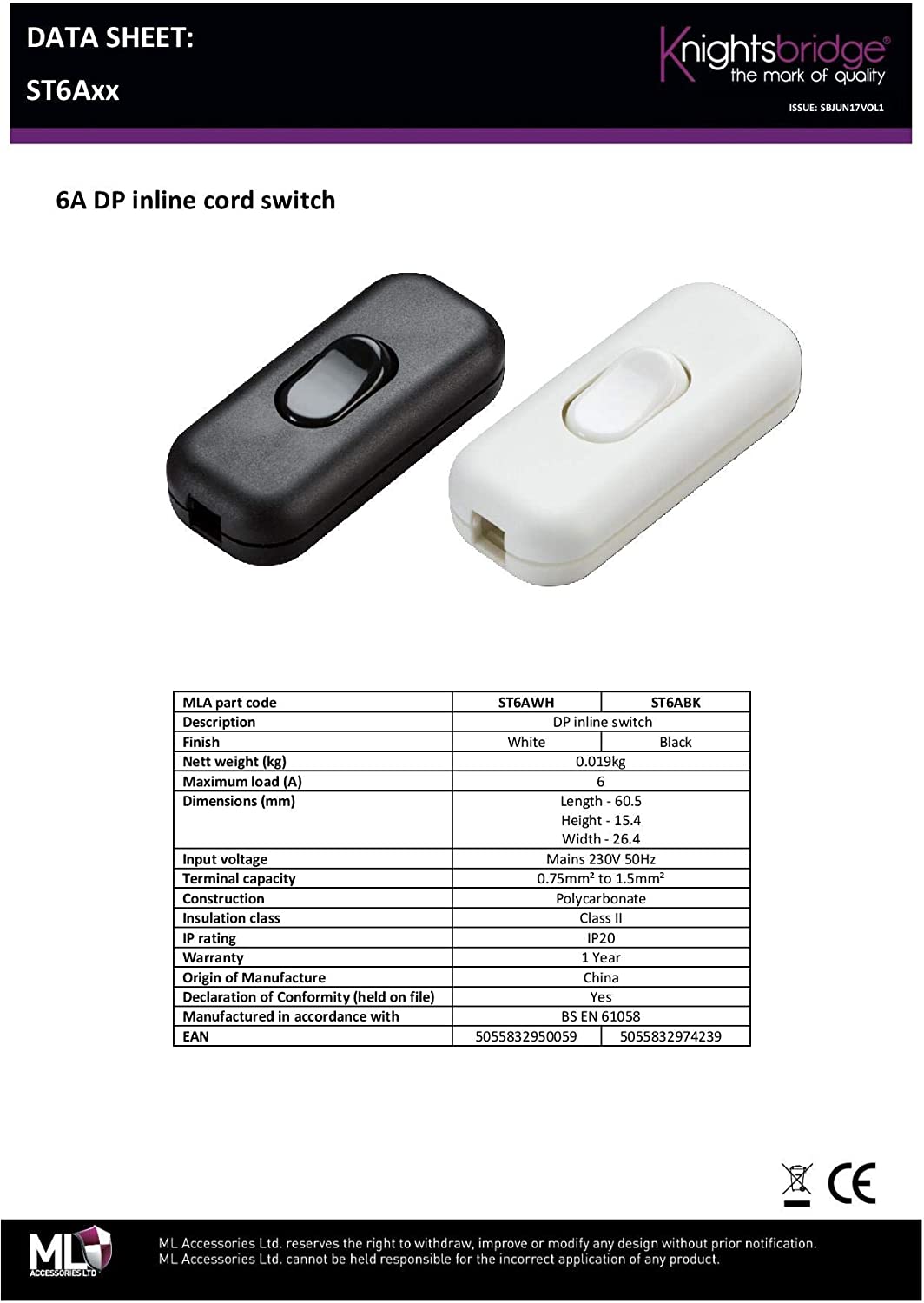 Knightsbridge ST6ABK 6A DP Inline Cord Switch, Black - Image 3