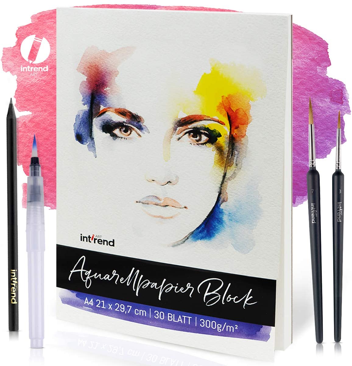 int!rend Watercolour Paper DIN A4 300gsm, 30 White Glued Painting Paper + Water Tank Brush + 2 Brushes + Pencil