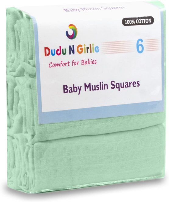 Dudu N Girlie 6 Pack 100% Pure Cotton Baby Muslin Squares 70x70cms, Mint