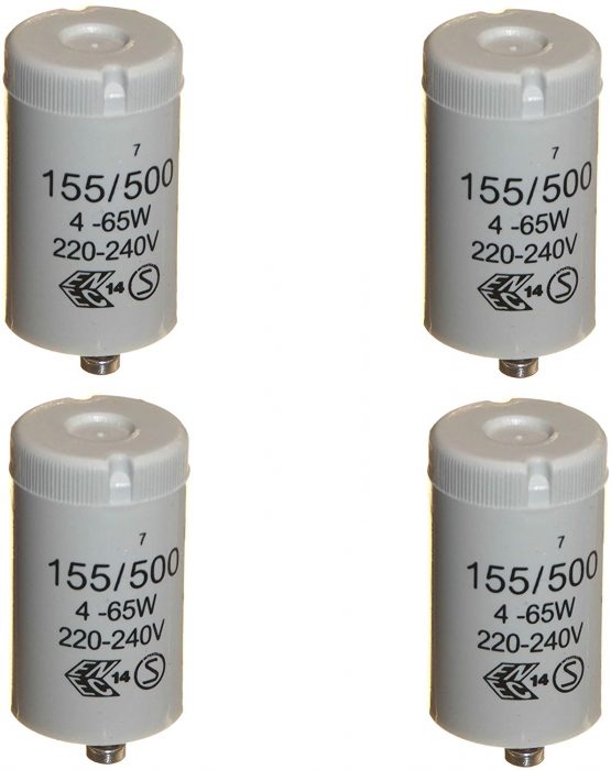 4pk Starters for 4-65 Watt T8 / T12 Single Fluorescent Tube Lights 220-240v General Electric (GE) 155/500