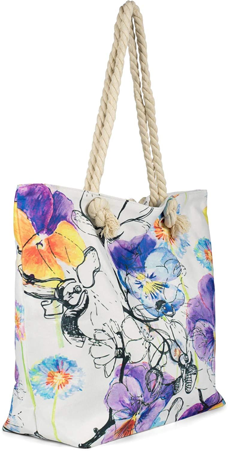 styleBREAKER Ladies XXL beach bag with colorful violet flowers flowers print, zipper, shoulder bag, shopper 02012346 - Image 2