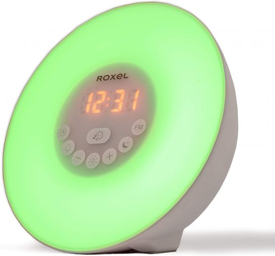 Roxel Alarm Clock Wake Up Light Sunrise/Sunset Simulation Table Bedside Lamp with FM Radio, Colour Changing Mood Light, Nature Sounds and Touch Control Function (White) - Image 4